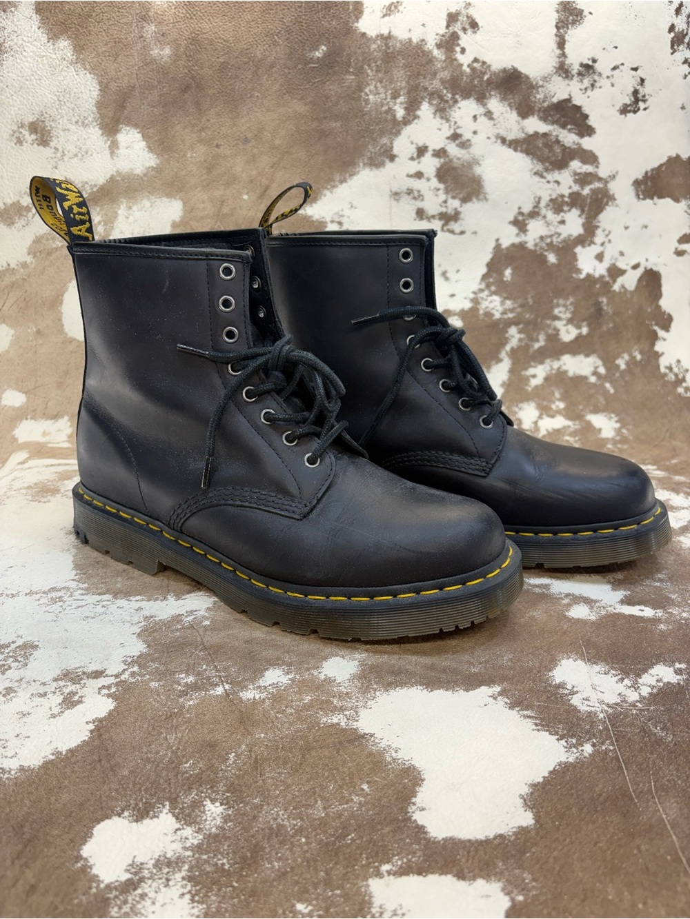 Dr. Martens Black Leather 8-Eye Lace-Up Boots with Yellow Stitching. US 11 EU 45